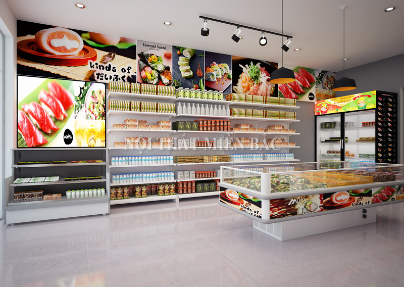 Kệ trưng bày thực phẩm đóng gói chuyên nghiệp trong thiết kế nội thất cửa hàng Nhật GENKI