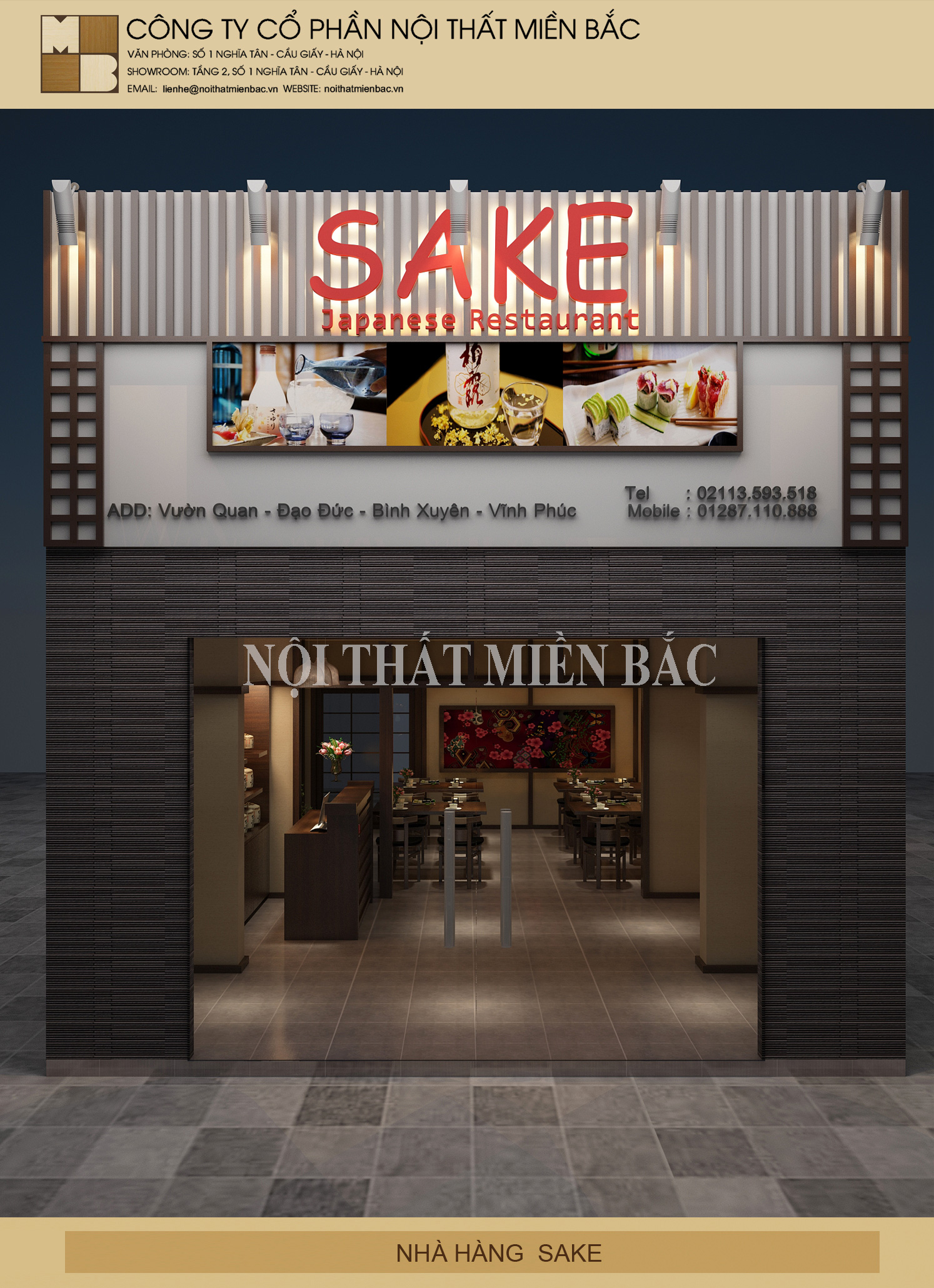 Thiết kế sảnh lễ tân nhà hàng Nhật Sake sang trọng