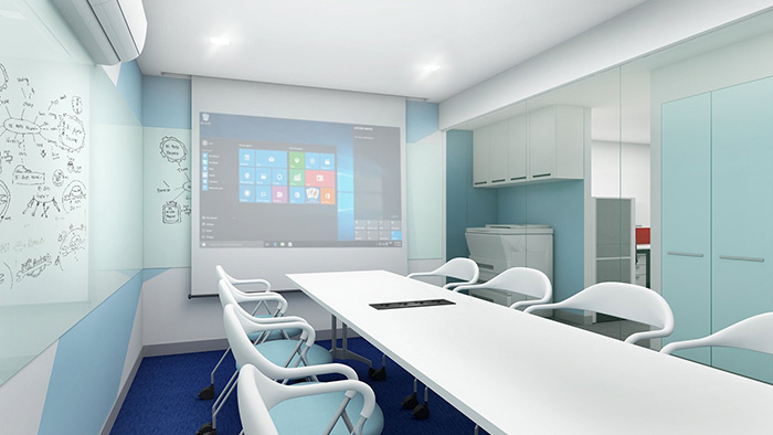 Mẫu thiết kế phòng họp dịu mát với gam màu xanh da trời nhẹ nhàng trong nhà văn phòng 2 tầng