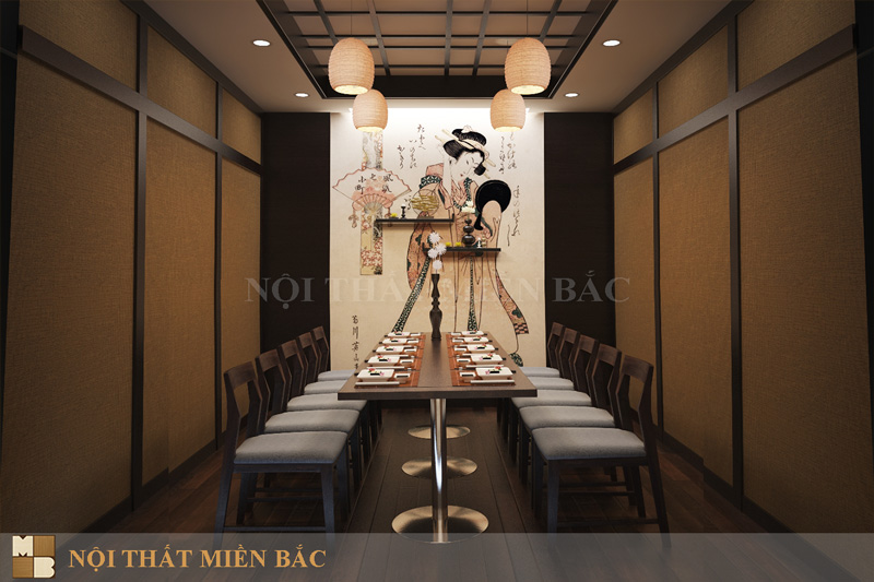 Gam màu trầm khiêm nhường đặc trưng của thiết kế nhà hàng phong cách Nhật