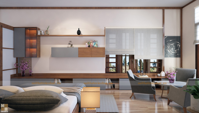 Thiết kế nội thất văn phòng công ty Sông Hồng – Vĩnh Phúc phòng ngủ với kệ tủ đa năng