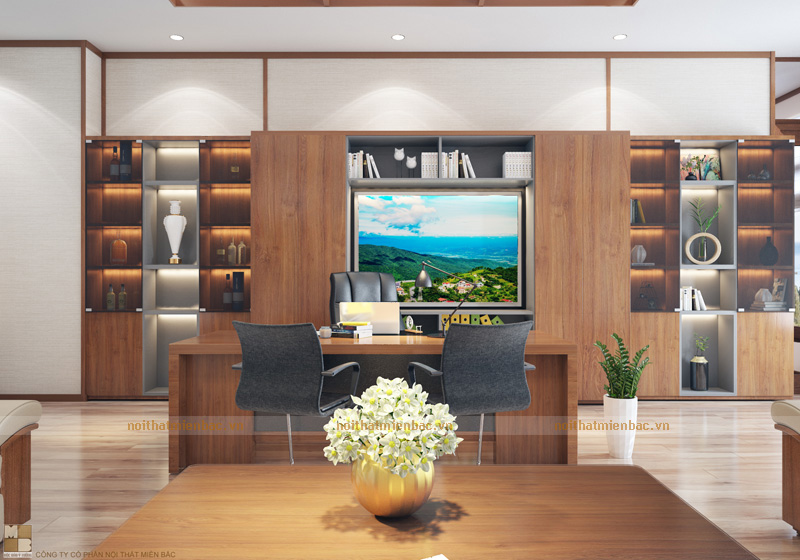 Thiết kế nội thất văn phòng công ty Sông Hồng – Vĩnh Phúc sử dụng tủ giám đốc lớn