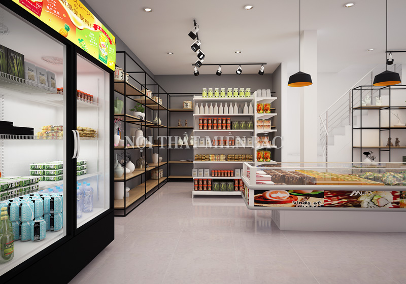 Kệ lưu trữ thực phẩm hiện đại trong thiết kế cửa hàng Nhật GENKI