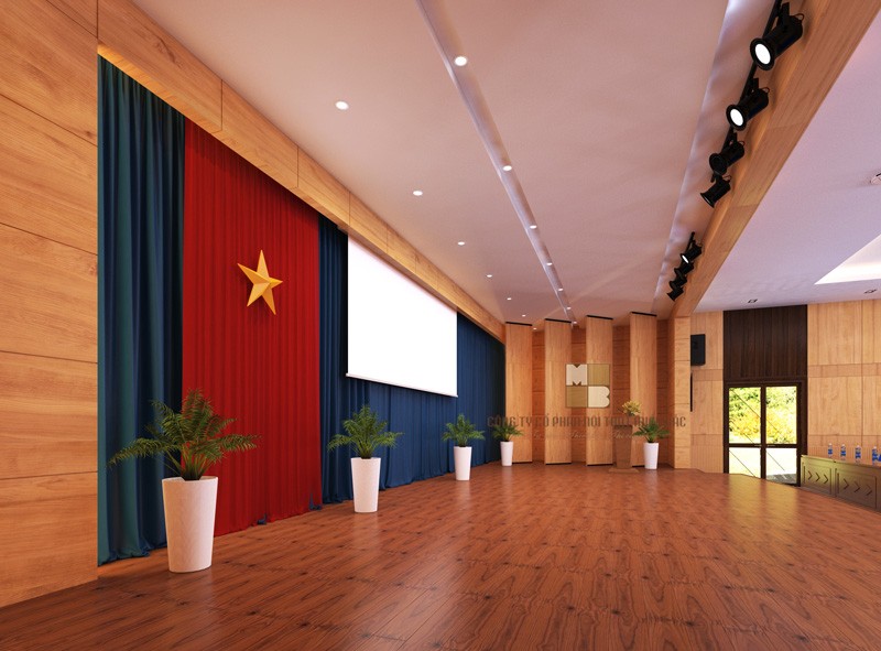 Thiết kế nội thất hội trường bao trùm trong không gian sân khấu hội trường này chính là gam màu sắc từ gỗ tự nhiên với đường vân gỗ khỏe khoắn