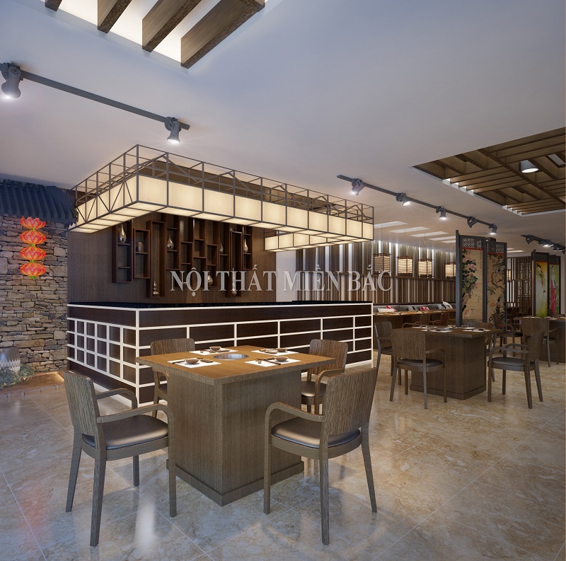 Mẫu thiết kế nhà hàng Hàn Quốc ấn tượng với không gian quầy bar mộc mạc, sang trọng