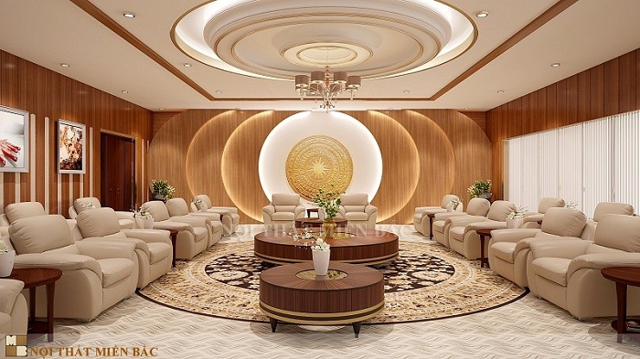Mẫu thiết kế nội thất phòng khánh tiết sang trọng với ánh sáng nhẹ nhàng, nội thất cao cấp và hoa văn tinh tế ấn tượng