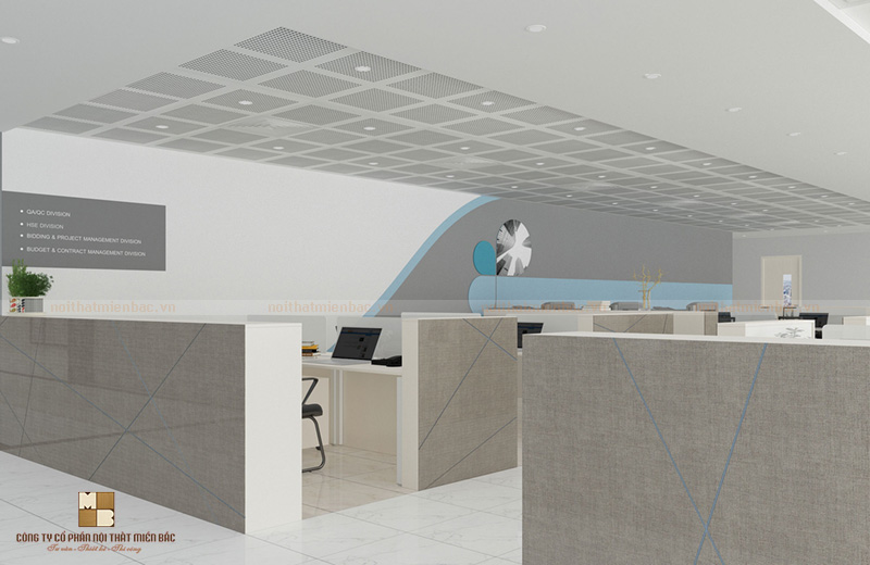 Thiết kế nội thất văn phòng hiện đại không gian phòng làm việc chung sử dụng vách ngăn lửng