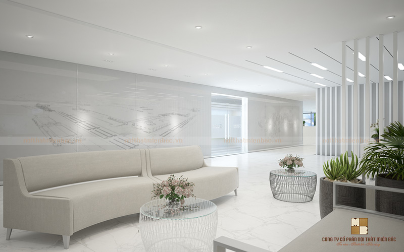 Thiết kế nội thất văn phòng hiện đại không gian sảnh lễ tân với vách tường ấn tượng
