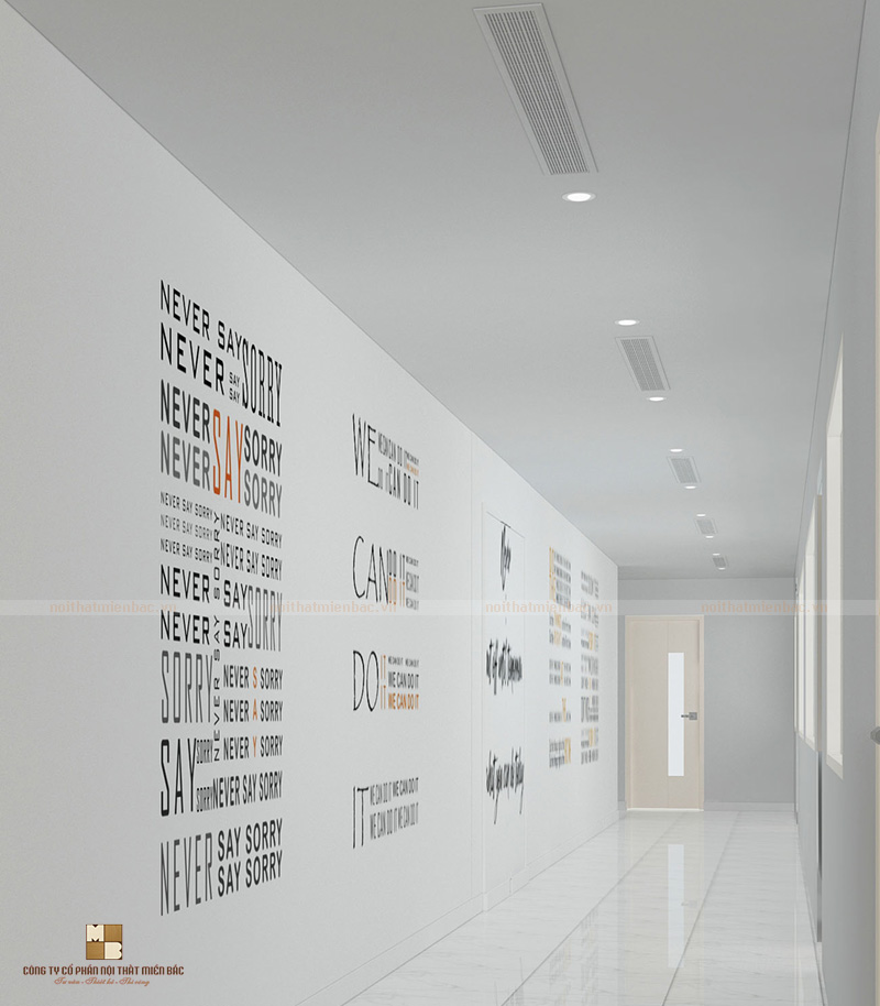 Thiết kế nội thất văn phòng hiện đại khu vực hành lang với slogan cổ động